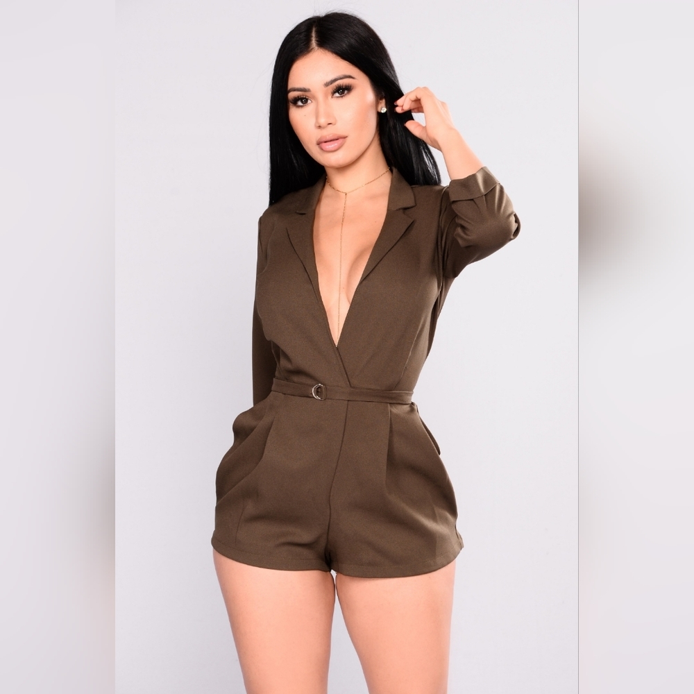 Fashion Nova Sweet Desires Tuxedo Romper Olive, XS
